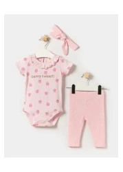 Minipodyum Baby Girl Bodysuit Knitted Muslin Bandana Summer Set of 3