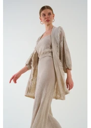 LOOSH Sand Colored Openwork Women's Cardigan, Blouse and Trousers Three Pieces Set - Shawl Collar