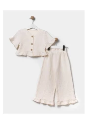 Magu Girl's Ecru Textured Cotton Buttoned T-shirt Spanish Trousers Top and Bottom Set