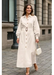  Modest Stone Belt Shirt Collar Woven Dress Tctss25Eb00003