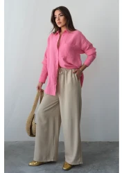 Hatun Atila بنطلون Palazzo صيفي مريح بخصر عالٍ وأربطة وأرجل واسعة - بيج