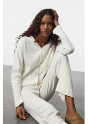  Collection Ecru Brushed Soft Corded Cardigan Knitted Pajama Set Thmaw25Pt00074