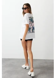  Collection Ecru 100% Cotton Back and Front Printed Oversize/Wide Cut Knitted T-Shirt TWOSS24TS00183