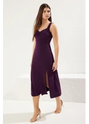  Collection Plum A-Line Drawstring/Drape Detail Slit Midi Stretchy Knitted Dress Twoss24El00412