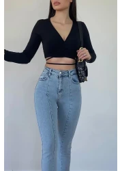 BEES JEANS Women's Light Snow Blue Front Slit Spanish Leg High Waist Trousers