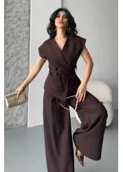 spirituel Women's Double Bottom Top Suit Lace-Up Loose Cut Flowy Summer Short Sleeve Kimono Jacket Palazzo Pants