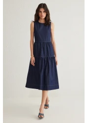  Collection Dark Blue Flounces Midi Denim Dress Twoss25El00007