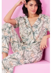 Siyah İnci Green Leaf Patterned Short Sleeve Buttoned Pajama Set7855