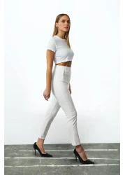  Collection White Cigarette Mold Collet High Waist Ankle Length Woven Fabric Pants Twoss20Pl0515