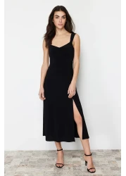  Collection Black Heart Collar Slit Straight Stretchy Knitted Midi Dress Twoss24El00412