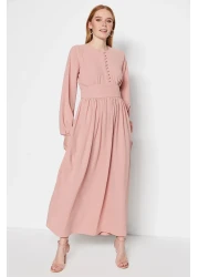  Modest Aerobin Dusty Rose Dress with Corsage and Fabric Covered Button Detail TCTSS23EB00254