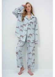 Trend Alaçatı Stili طقم بيجامة وقميص طويل وسروال من الساتان مطبوع رقميًا ومزين بتفاصيل أنابيب باللون الأخضر النعناعي PJM-X13913