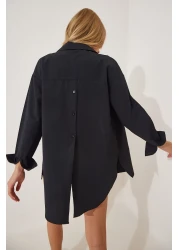 Happiness İstanbul قميص بوبلين أسود كبير الحجم بأزرار للنساء DD01103