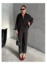 Laluvia Black Marlin Belted Shirt Trousers Set - 8453