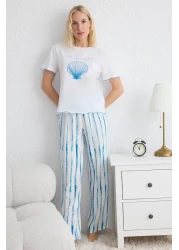  Collection White-Blue Striped Printed Baby Overlock Detailed Viscose Knitted Pajamas Set Thmss25Pt00141