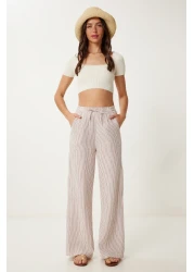 Lovelyİstanbul بنطال موسلين بالازو مخطط باللون الأحمر الداكن LSA0010