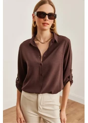 Olalook Women's Linen Shirt - Brown, Sleeve Folded, Gml- 19000825