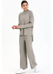 ALCHON Stand Collar Stripe Detailed Short Front Long Back Sweater Elastic Waist Straight Leg Trousers Double Knitwear Set