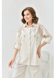 MVStore Women's Sequin Embroidery Stone Embroidered Flam Linen Shirt and Pants Set