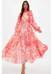  Modest فستان سهرة طويل من الشيفون منقوش باللون الأحمر، TCTSS24EB00040