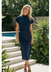  Collection فستان بترولي على شكل حرف A وياقة داجي متوسط ​​الطول من نسيج الكريب TWOAW25EL00393