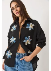 Bianco Lucci Women's Tulle Floral Accessory Long Sleeve Cotton Shirt 6526 60283057