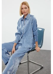  Collection Satin Woven Navy Blue Shirt and Trousers Set - Accessory Detailed TWOAW25AU00088