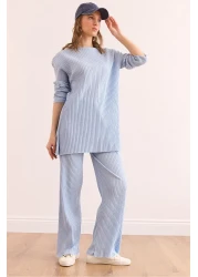 Olalook Women's Baby Blue Top Slit Blouse Bottom Palazzo Corded Suit TKM-19000180