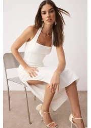  Collection White Lined Body Fitting Midi Woven Dress with Slit Detail Tprss24El00136