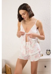  Collection Ecru 100% Cotton Floral Lacing Detailed Shorts Knitted Pajamas Set Thmss25Pt00436