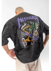 Sokak Butik تيشيرت ميتاليكا أرجواني مطبوع من الخلف باللون الأسود للجنسين مقاس كبير