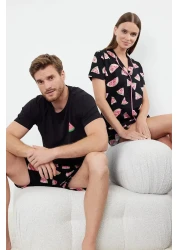  Collection Women Couple/Pair Black 100% Cotton Watermelon Patterned Frilly Shorts Knitted Pajamas Set Thmss21Pt0670