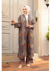 N.S NEVA STYLE Patterned Sax Blue Hijab Double Kimono Set 12885Sx