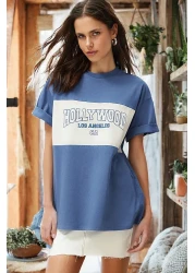  Collection Indigo 100% Cotton Color Blocked City Printed Oversize/Wide Cut Knitted T-Shirt TWOSS24TS00079