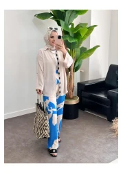 ASEL FASHİON Beige-Blue Embroidered Cotton Viscose Set