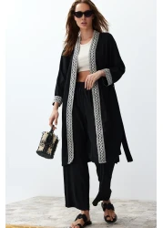 Collection Black Embroidery Detailed Belted Woven Kimono-Pants Set Twoss24Au00064