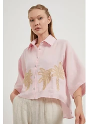 Arma Life قميص نسائي صيفي من الموسلين باللون الوردي بأكمام قصيرة منقوش