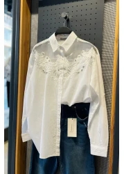 FEMELLE قميص نسائي أبيض مطرز بالأحجار والخرز 100% قطن كبير الحجم (احصل على مقاس واحد)