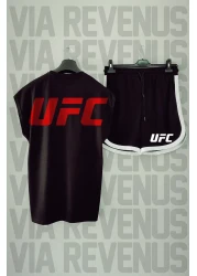 Vordevia UFC Back Printed Crew Neck Black Sports T-shirt and Shorts Set - Zero Sleeve