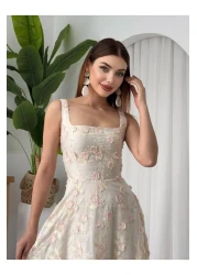 Julidress فستان كتان بتصميم مميز مع تطريز وحزام بنمط زهرة وردية ثلاثية الأبعاد