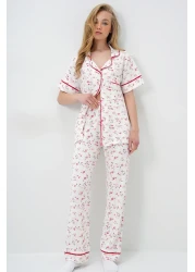 Trend Alaçatı Stili طقم بيجامة نسائي من القطن بجيب واحد وتفاصيل أنابيب على شكل زهرة الرمان الصغيرة PJM-X13898