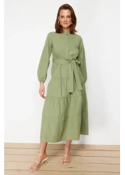  Modest Light Khaki Belted Chief Collar Button Detail Woven Dress TCTSS21EL3343