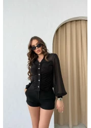 RB CLUB Button Detailed Sleeves Chiffon Blouse Black