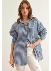 Olalook Women's Striped Navy Blue Hidden Placket Poplin Shirt Gml- 19000867