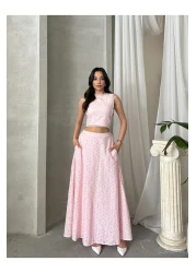 Viskosa Brode Double Set – Crop Top and High Waist Maxi Skirt Summer Combination"