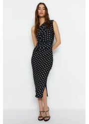  Collection Black Printed Fitted/Fitted One-Shoulder Asymmetric Shirring Detailed Knitted Pencil Dress TWOSS23EL02182
