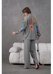 Miss Allos Women's Back and Sleeves Sequin Sequin Embroidered Linen Kimono Coat and Pants Bottom Top Suit