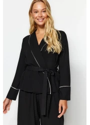  Collection Double Breasted Cut Viscose Black Pajamas Set - Belted and Piping Detail Thmaw22pt1109