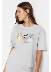  Collection Light Gray Printed T-Shirt and Trousers Knitted Pajamas Set 100% Cotton - Thmss23Pt00134