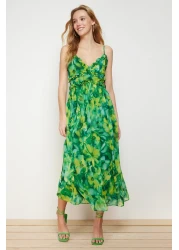  Collection Green Floral Print A-Cut Ruffle Detailed Lined Chiffon Maxi Woven Dress TWOSS23EL02013